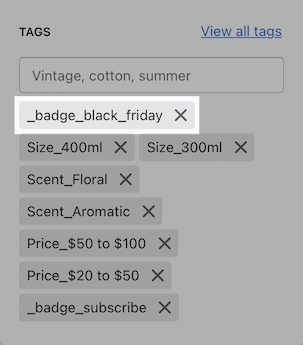Showing an example of how the product tag should look in order to show a custom badge