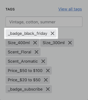 Showing an example of how the product tag should look in order to show a custom badge