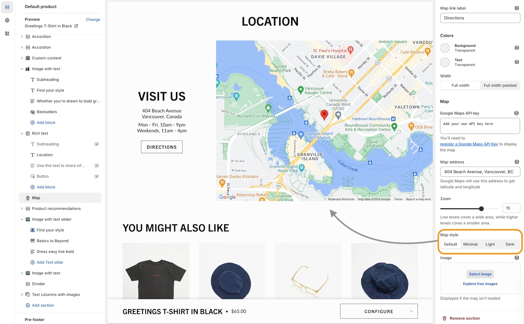 An example of the Map section with it's default style option