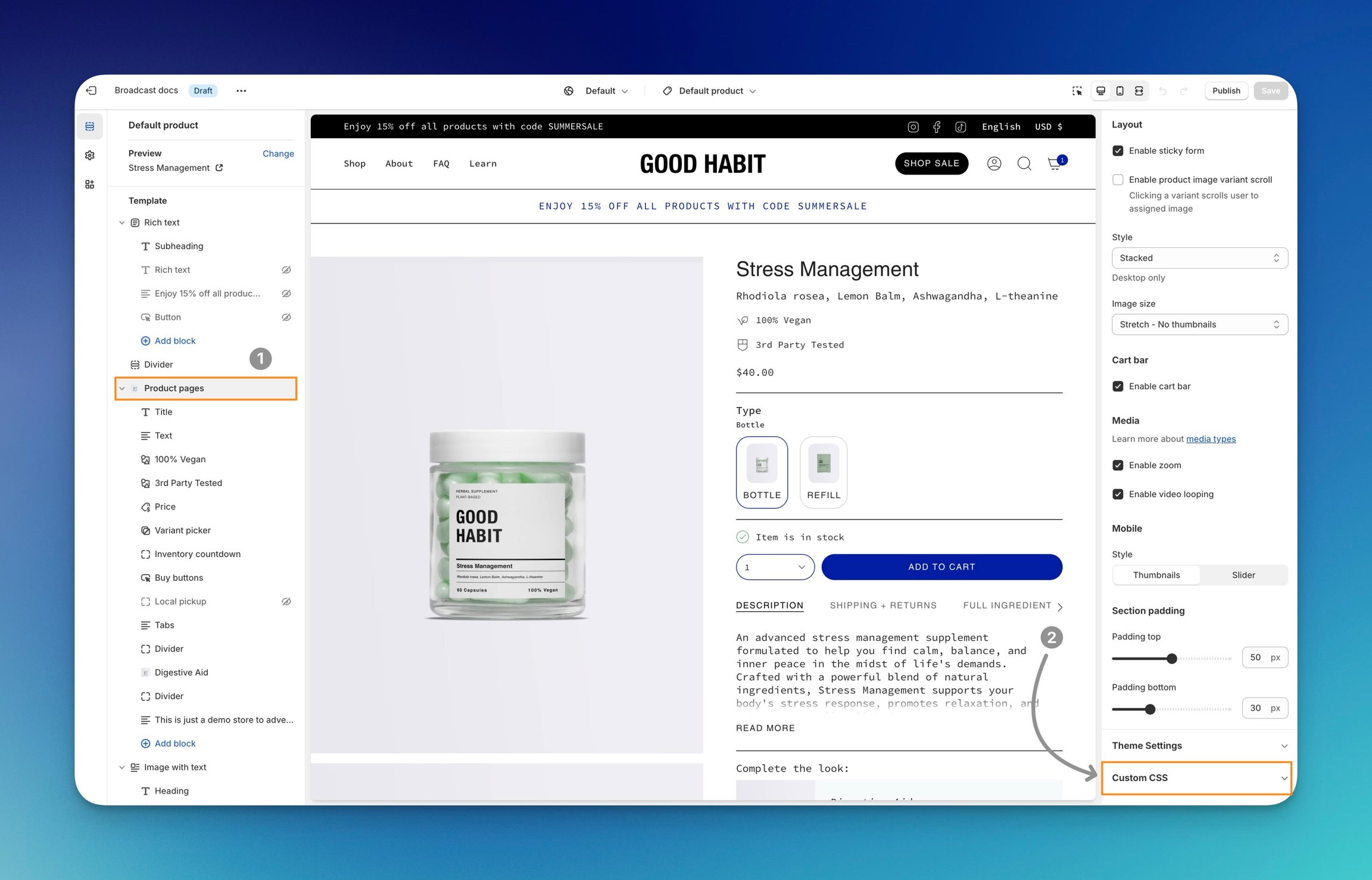 The image is pointing where the custom CSS settings are positioned when the product pages section is selected