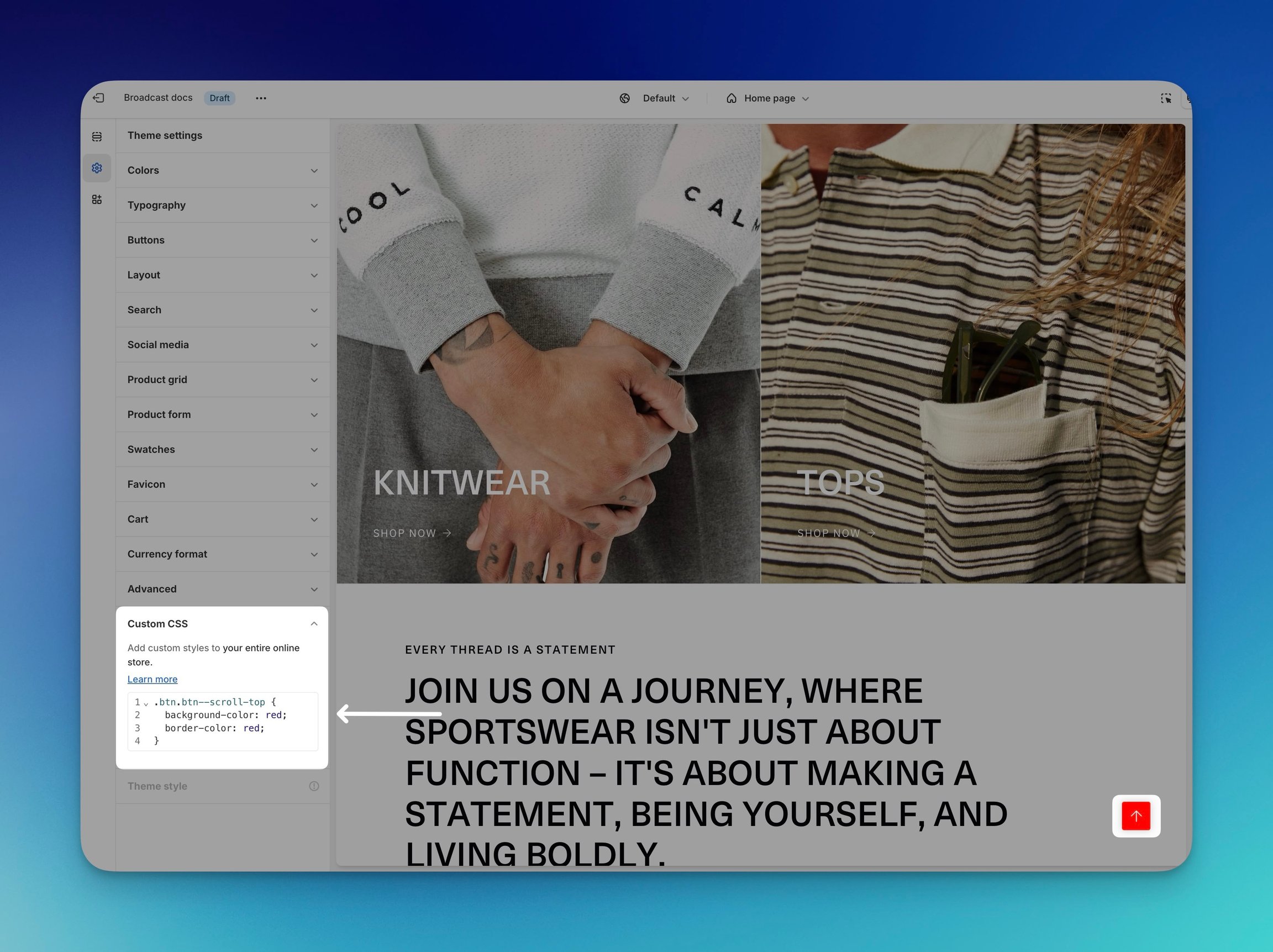 Example of how it looks when a custom CSS snippet is inserted