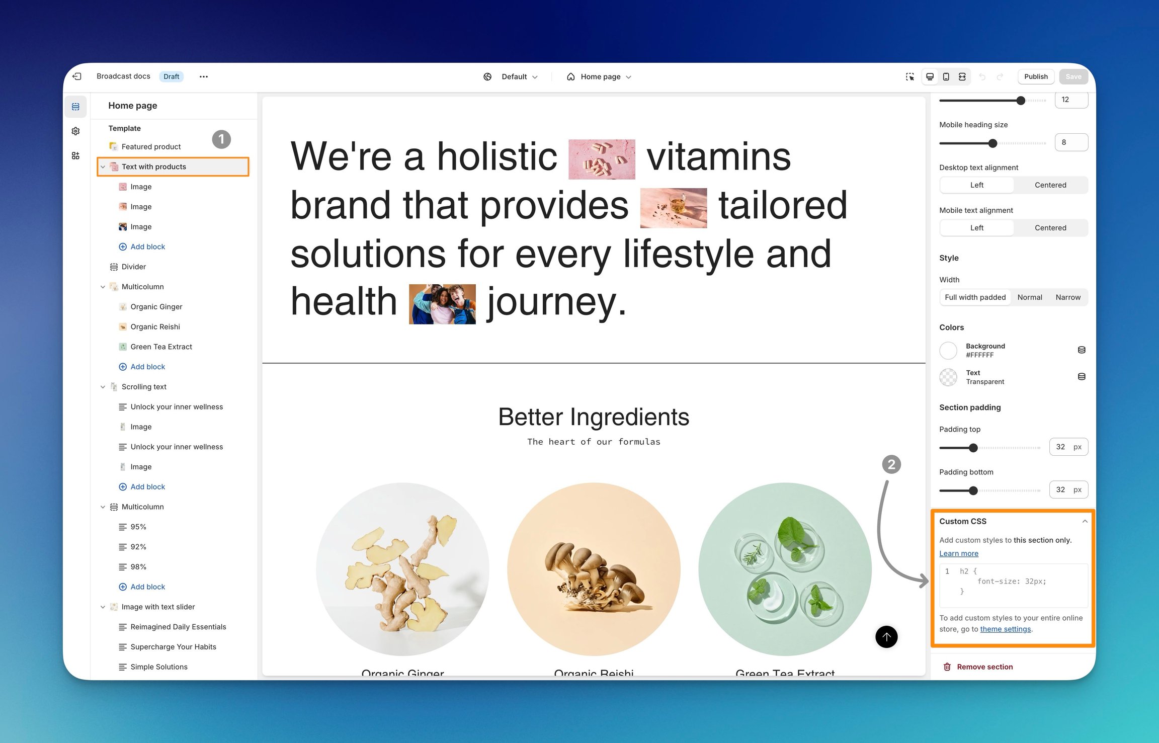 Example of expanded custom CSS settings for a different text with products section